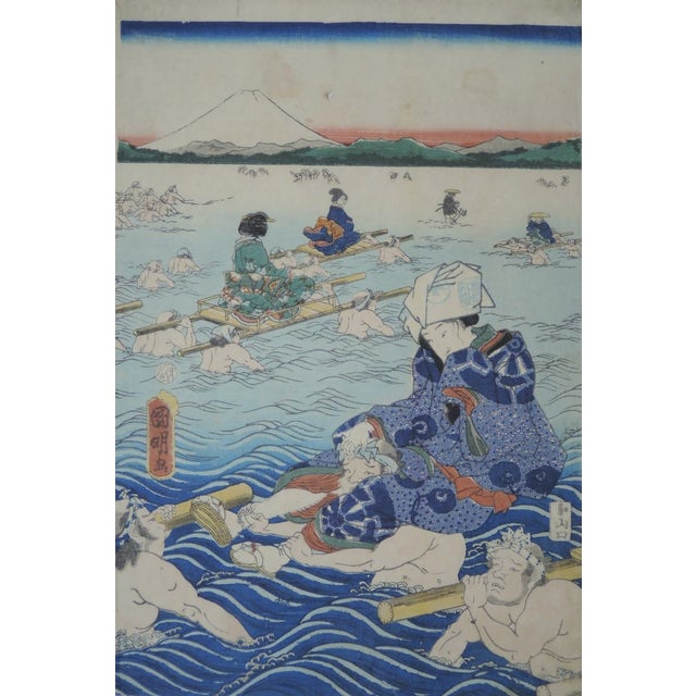Utagawa Kunisada (Toyokuni Iii) Mid 19th Century Rare Meiji Triptych: Crossing the Oi River by Utagawa Kuniaki II (Full 3-Panel Set) For Sale - Image 4 of 5