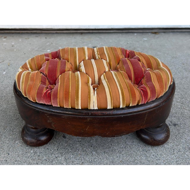 Traditional Antique French Empire Mahogany Oval Footstool W Corzine Silk Velvet Stripe For Sale - Image 3 of 6