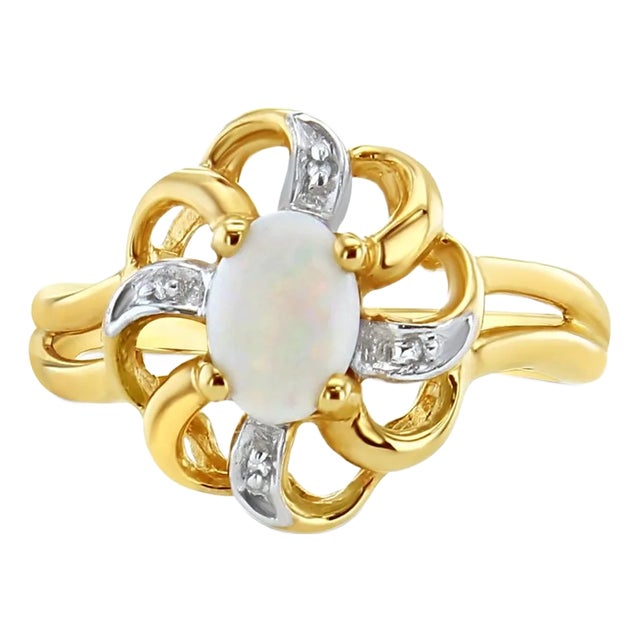 Oval Opal Solitaire Diamond Ring 10k Yellow Gold, Size 8 For Sale