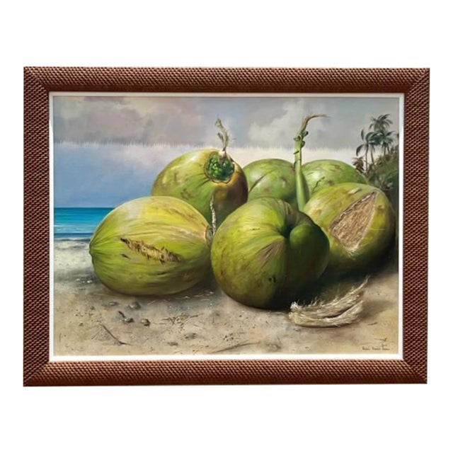 Vintage Boho Monumental Contemporary Original Oil Painting of Coconuts, Framed For Sale