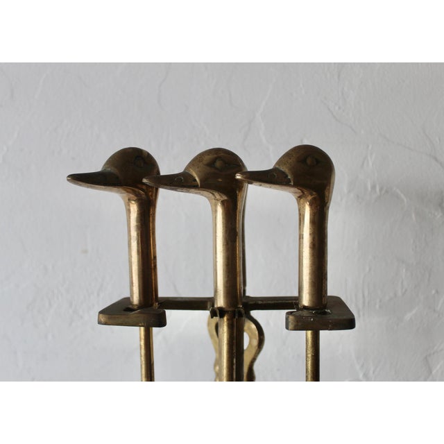 Mid-Century Modern Vintage Mid-Century Brass Duck Head Fireplace Tool Set With Stand- 5 Pieces For Sale - Image 3 of 11