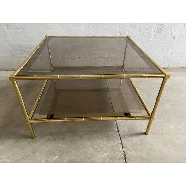 Mid-Century Modern French Brass, Faux Bamboo & Smoked Glass Coffee Table, 1960s For Sale - Image 3 of 11