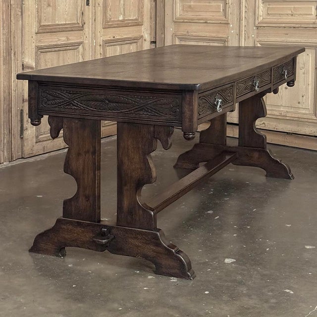 Antique Neo Gothic Carved Oak Trestle Three Drawer Writing Desk For Sale - Image 14 of 18