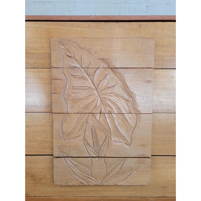 Brown Mid-Century Modern Hawaiian Style Dresser With Relief Carved Tropical Foliage 1950's For Sale - Image 8 of 18