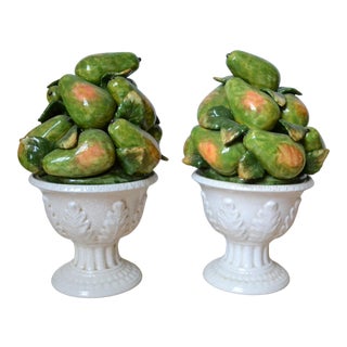 Porcelain Pears in White Vases- a Pair For Sale