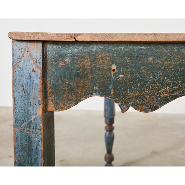 Cerulean Distressed Country Farmhouse Painted Pine Work Dining Table For Sale - Image 8 of 12