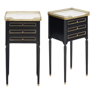 Pair of French Louis XVI Style Ebonized, Brass and Marble Side Tables For Sale