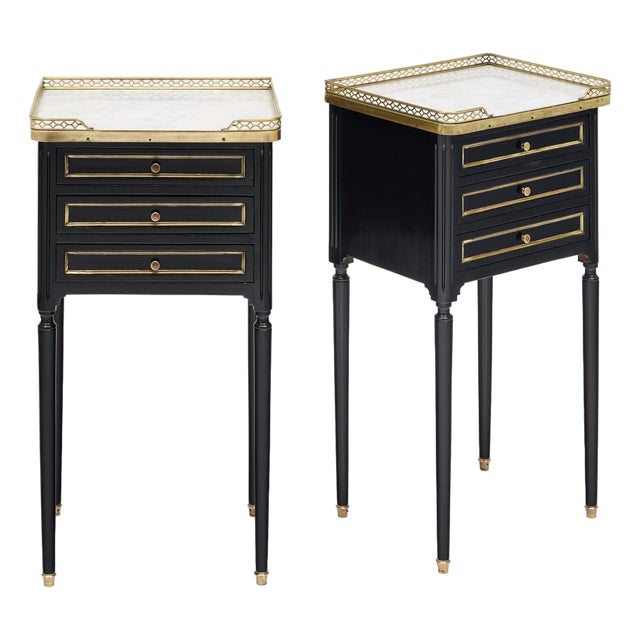 Pair of French Louis XVI Style Ebonized, Brass and Marble Side Tables For Sale