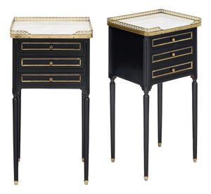 Pair of French Louis XVI Style Ebonized, Brass and Marble Side Tables