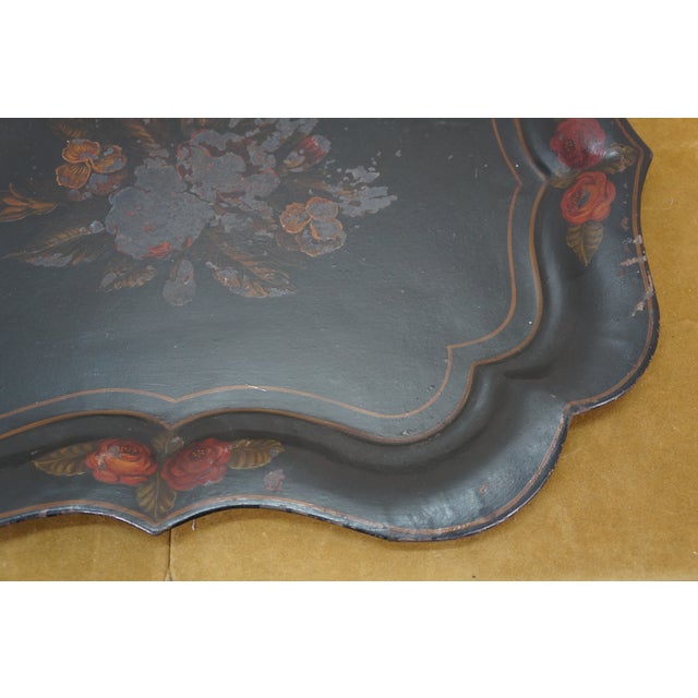Antique Hand Painted Scaloped Floral Rose Toleware Serving Tray For Sale - Image 10 of 12
