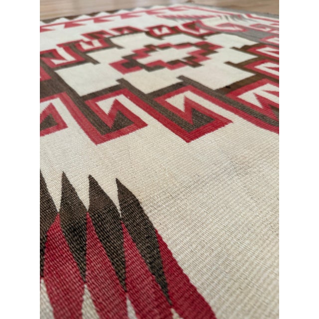 Cream Authentic 1920 Navajo Rug Handwoven Wool Geometric Medallion Design, Red & Ivory For Sale - Image 8 of 18
