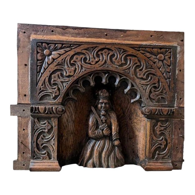 Antique 17th Century European Hand-Carved Oak Gothic Panel With Sculptural Figure For Sale