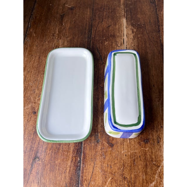 Blue 1990s Caleca Leaf Pattern Made in Italy Butter Dish With Lid For Sale - Image 8 of 11