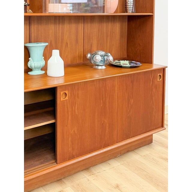 Brown MCM Teak 2 Piece China Cabinet Sliding Doors Shelves Vintage Buffet Storage For Sale - Image 8 of 17