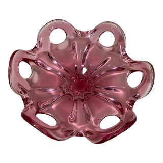 Vintage Hand Blown Pink Red Glass Italian Centerpiece Footed Bowl Murano For Sale
