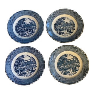 1980s Royal China Usa Currier and Ives Blue Bread Plates- Set of 4 For Sale