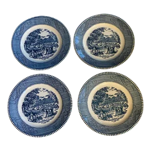 1980s Royal China Usa Currier and Ives Blue Bread Plates- Set of 4