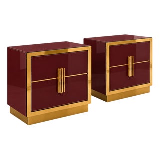 Burgundy Glass Bedside Cabinets with Brass Handles from Justfurnituress SRL, Set of 2 For Sale