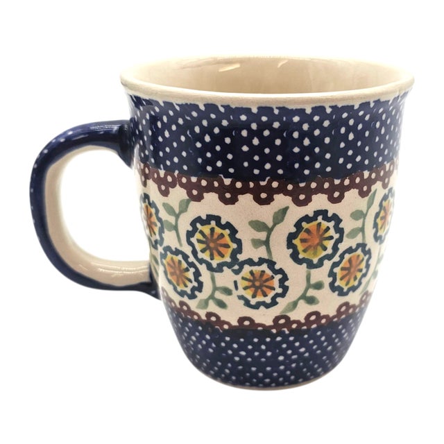 Ceramic Polish Boleslawiec Pottery Yellow Blue Flowers Coffee Tea Cup Mug 5" For Sale - Image 7 of 10