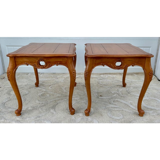 Vintage Pair of Ethan Allen Country French Syle Carved Side Tables For Sale - Image 9 of 15