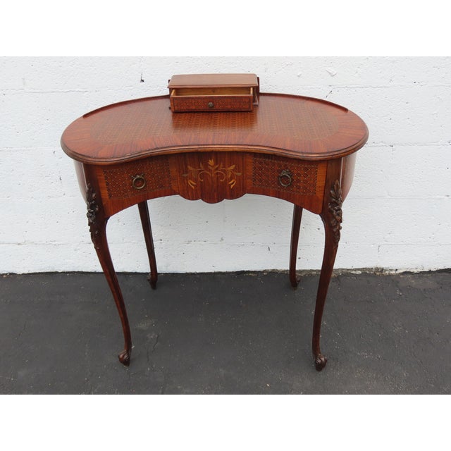 French Early 1900s Kidney Shape Carved Inlaid Small Writing Desk 6620 For Sale - Image 10 of 16
