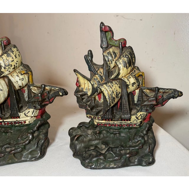 19th Century Pair Antique Nautical Cold Painted Bronze Clad Sail Ship Boat Nautical Bookends For Sale - Image 5 of 11