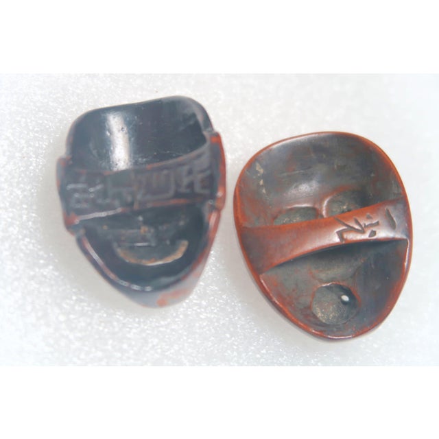 Antique Carved Japanese Wood Mask Netsukes, Signed Deme Joman and Iko For Sale In Miami - Image 6 of 10