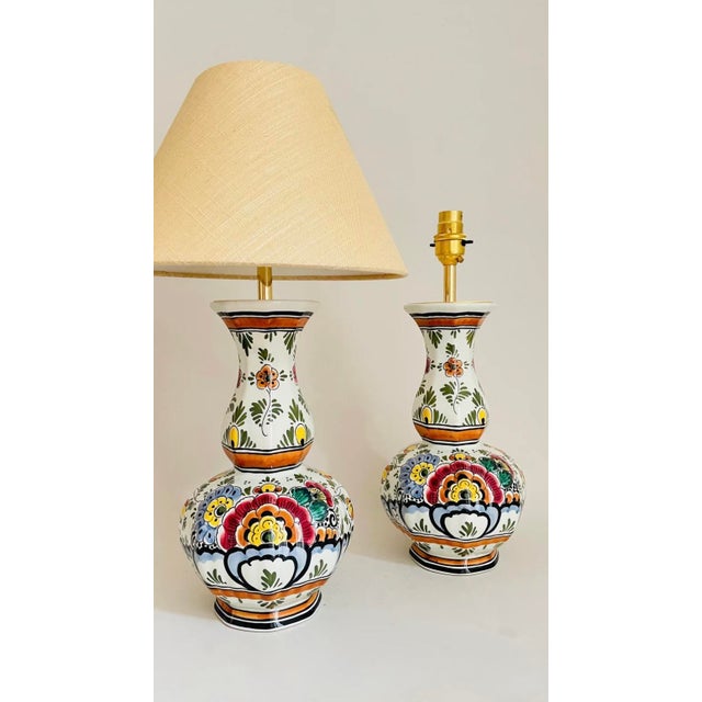 Metal Antique Delft Polychrome Table Lamps from Royal Delft, Set of 2 For Sale - Image 7 of 7