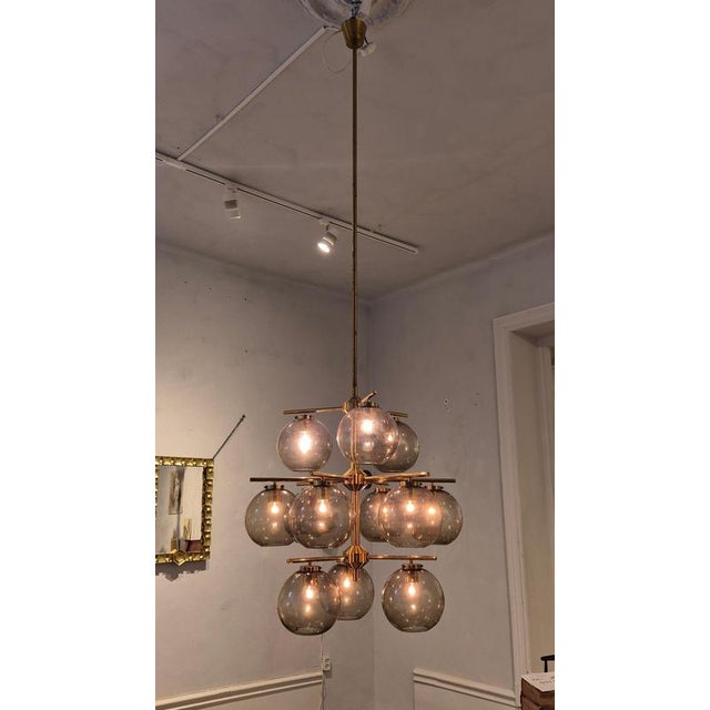 Scandinavian Modern Chandelier in Brass and Grey Glass by Holger Johansson, 1970s For Sale - Image 4 of 17