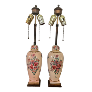Antique Hand Painted Floral Motif Lamps - A Pair