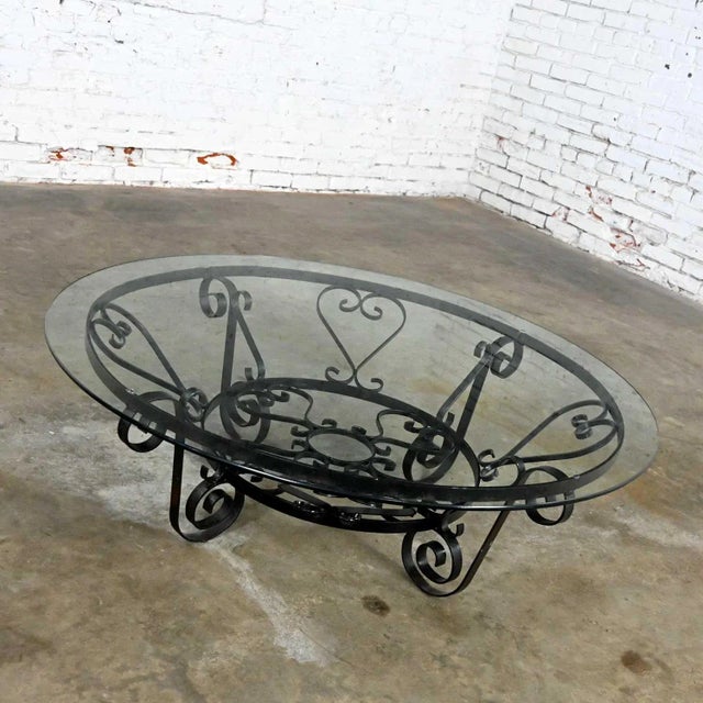 Vintage Rustic Spanish Revival Style Coffee Table Hand Wrought Iron Round With Glass Top For Sale - Image 6 of 17