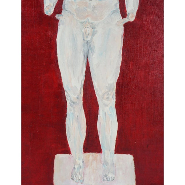 Contemporary figure study of classical Greek sculpture of a male depicted with expressive brushstrokes on a bold, deep red...