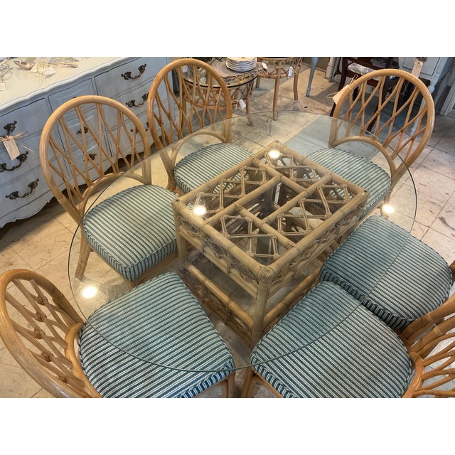 1960s MCM Rattan Bamboo Dining Room Table Set 6 Chairs Glass Top Green Cushions For Sale - Image 5 of 12