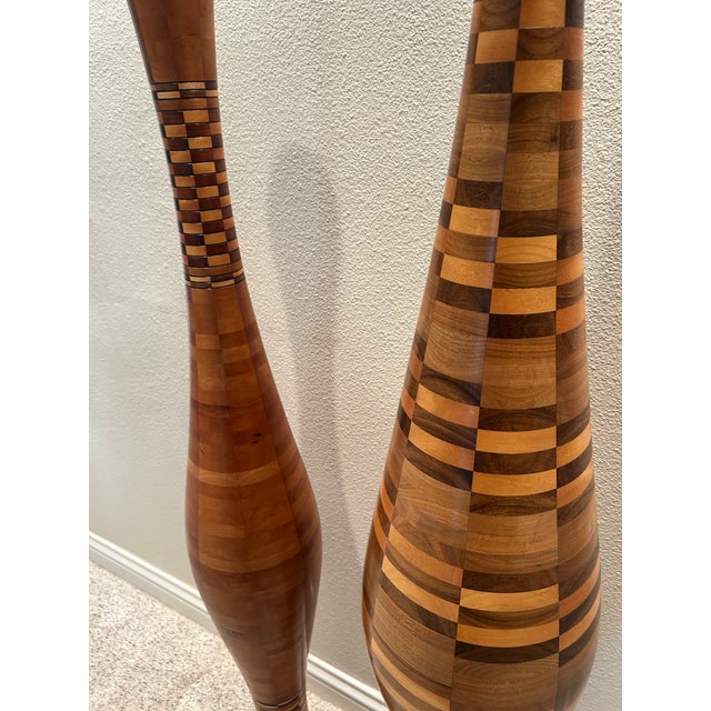 2000 - 2009 Pair of Handcrafted Segmented Hardwood Floor Vases For Sale - Image 5 of 7