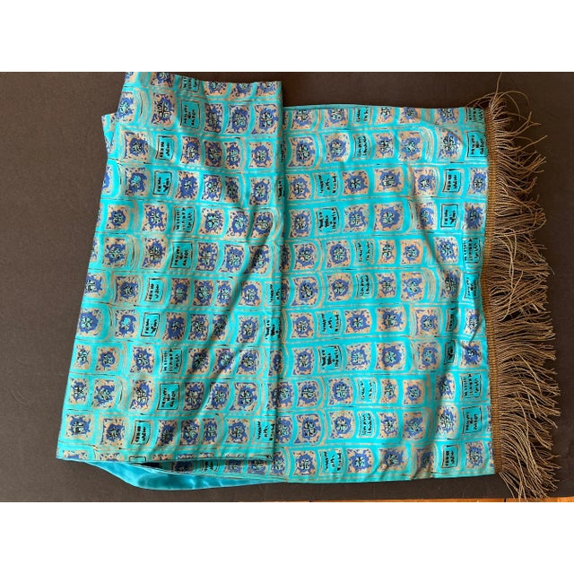 Turquoise Vintage Silk Table Runner With Gold Bullion Tassels For Sale - Image 8 of 11
