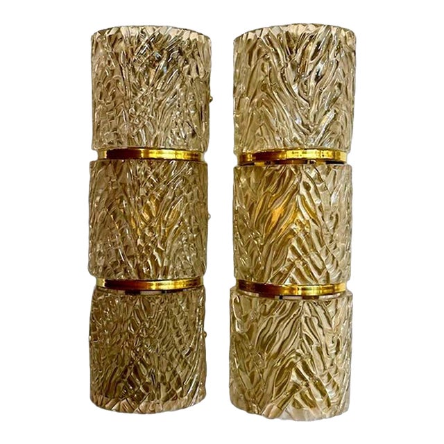 Pair of Modern Murano Wave Glass and Brass Barrel Sconces For Sale