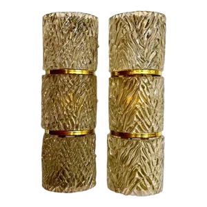 Pair of Modern Murano Wave Glass and Brass Barrel Sconces
