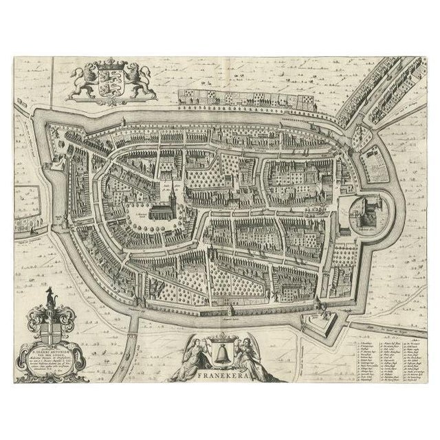 Antique map titled 'Franekera'. Old map of the city of Franeker, Friesland. Also shows two cartouches, coats of arms and...