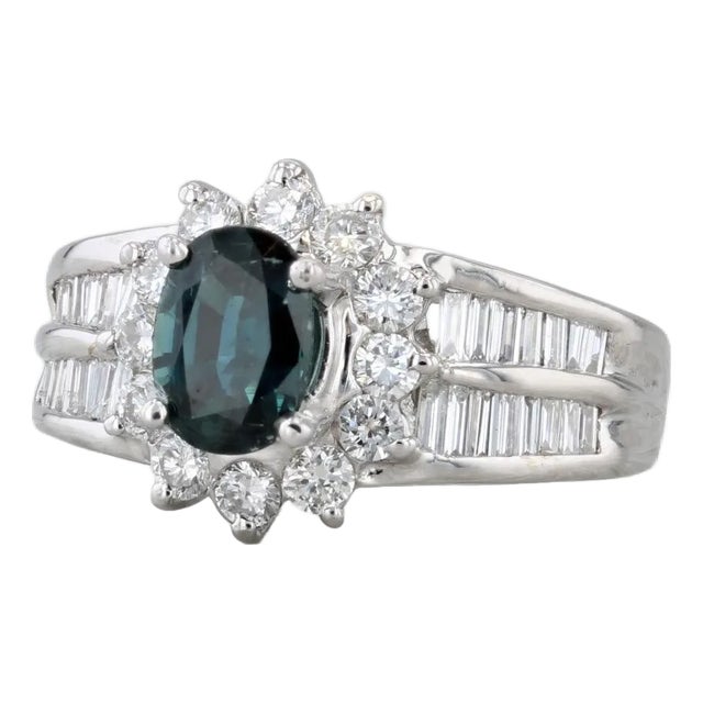 1.69ctw Blue Sapphire Diamond Halo Ring 18k White Gold Size 5.5 For Sale