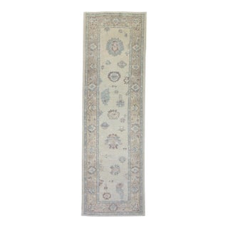 Turkish Oushak Rug Ivory & Dusty Blue Handwoven Wool Runner 3'2" X 9'7" For Sale
