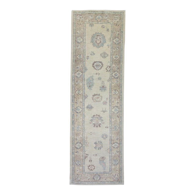 Turkish Oushak Rug Ivory & Dusty Blue Handwoven Wool Runner 3'2" X 9'7" For Sale