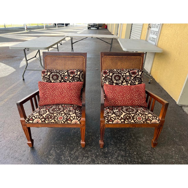 Vintage Colonial Mission Style Modern Upholstered Wood & Cane Back Chairs With Pillows - 6 For Sale - Image 4 of 10
