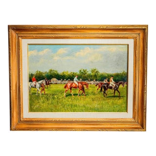 Captivating Colorful Antique French Horse Racing Oil Painting Equestrian Sporting Art For Sale