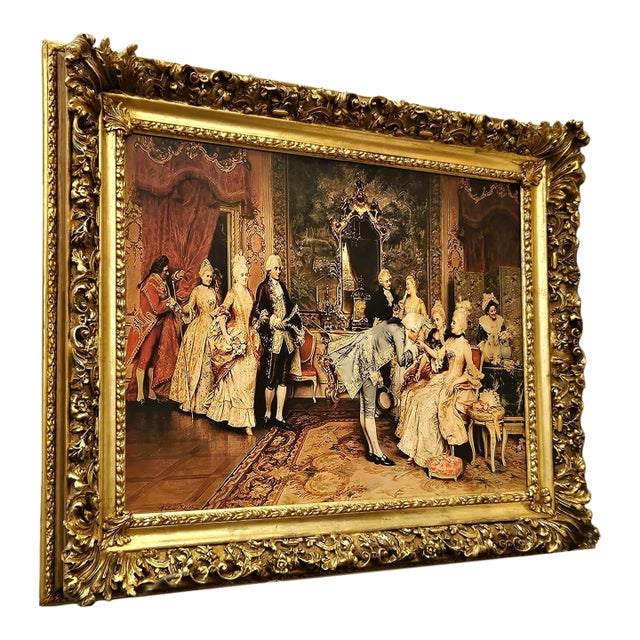 Victorian Parlor Wall Art Print on Cotton Fabric – Multicultural Gathering Scene, Gold Frame For Sale