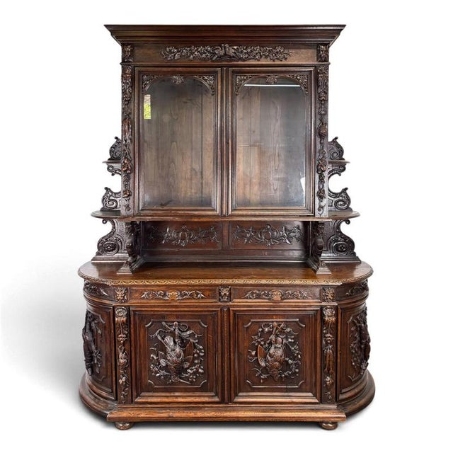 Henri II Style 2-Body Hunting Buffet in Carved Oak with Glass Top For Sale - Image 10 of 10