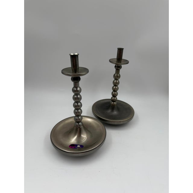 Mid-Century Brushed Chrome Bobbin Candlestick Holders Set Taper by Stoff Nagel, 1950s, Set of 2 For Sale - Image 15 of 15
