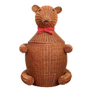 Vintage Whimsical Figural Rattan Wicker Bear Basket Hamper With Lid For Sale