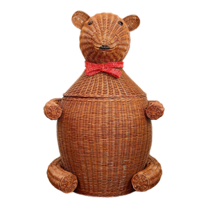Vintage Whimsical Figural Rattan Wicker Bear Basket Hamper With Lid