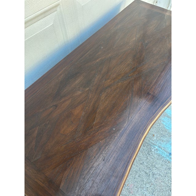 Wood French Provincial Console Table, Louis XV Style Vanity Desk, Vintage Curved Leg Writing Table, Parquet Top Entryway Table, Solid Wood Table For Sale - Image 7 of 12