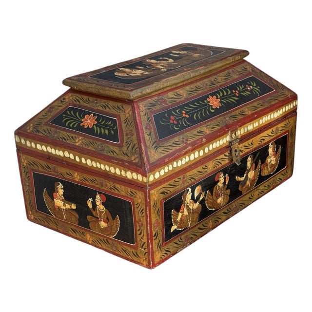 1920s Anglo Raj Indian Hand Painted Wooden Jewelry Box For Sale